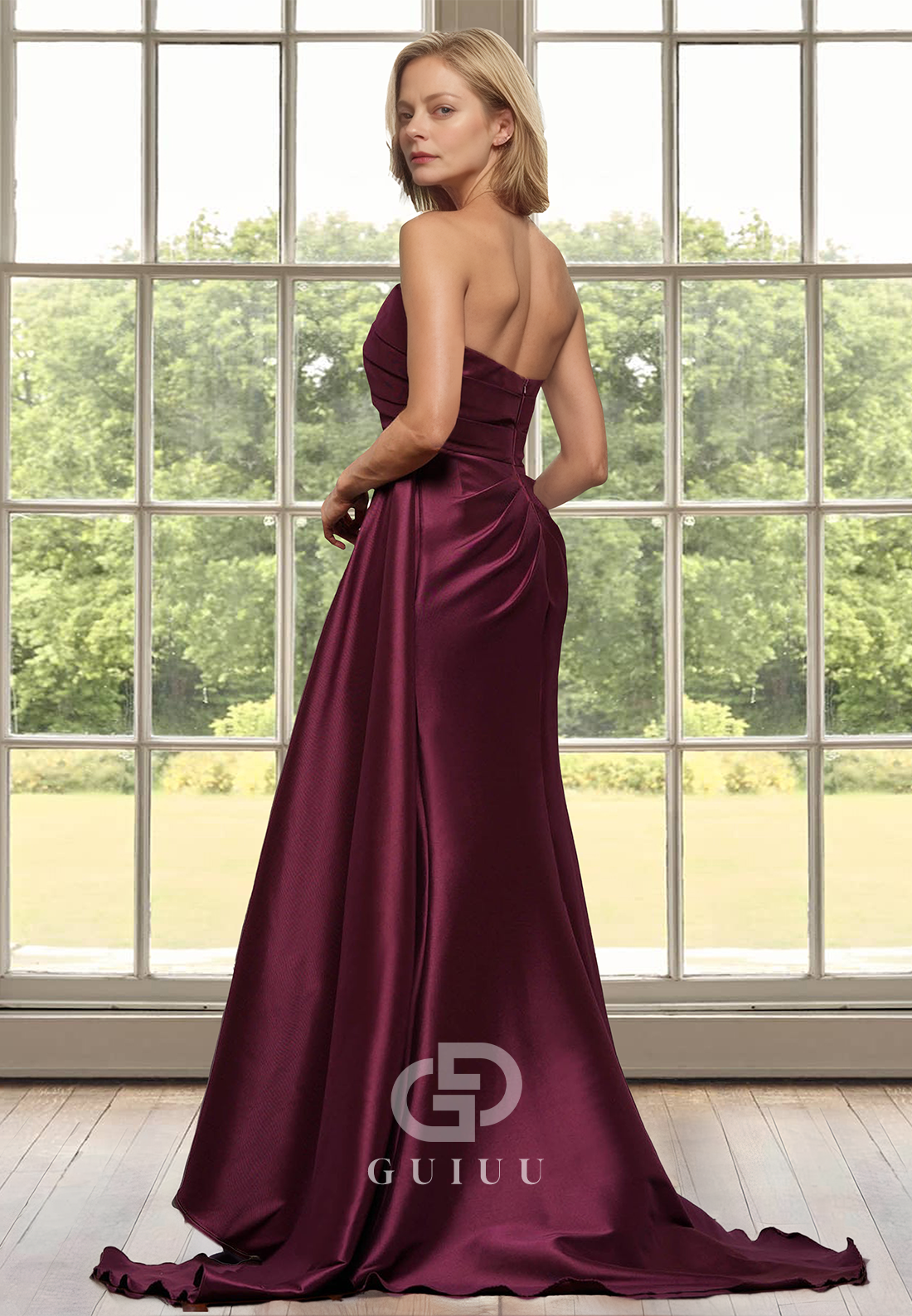 Chic A-Line Strapless Sleeveless Sweep Train Ruched Empire-Waist Mother of the Bride Dress