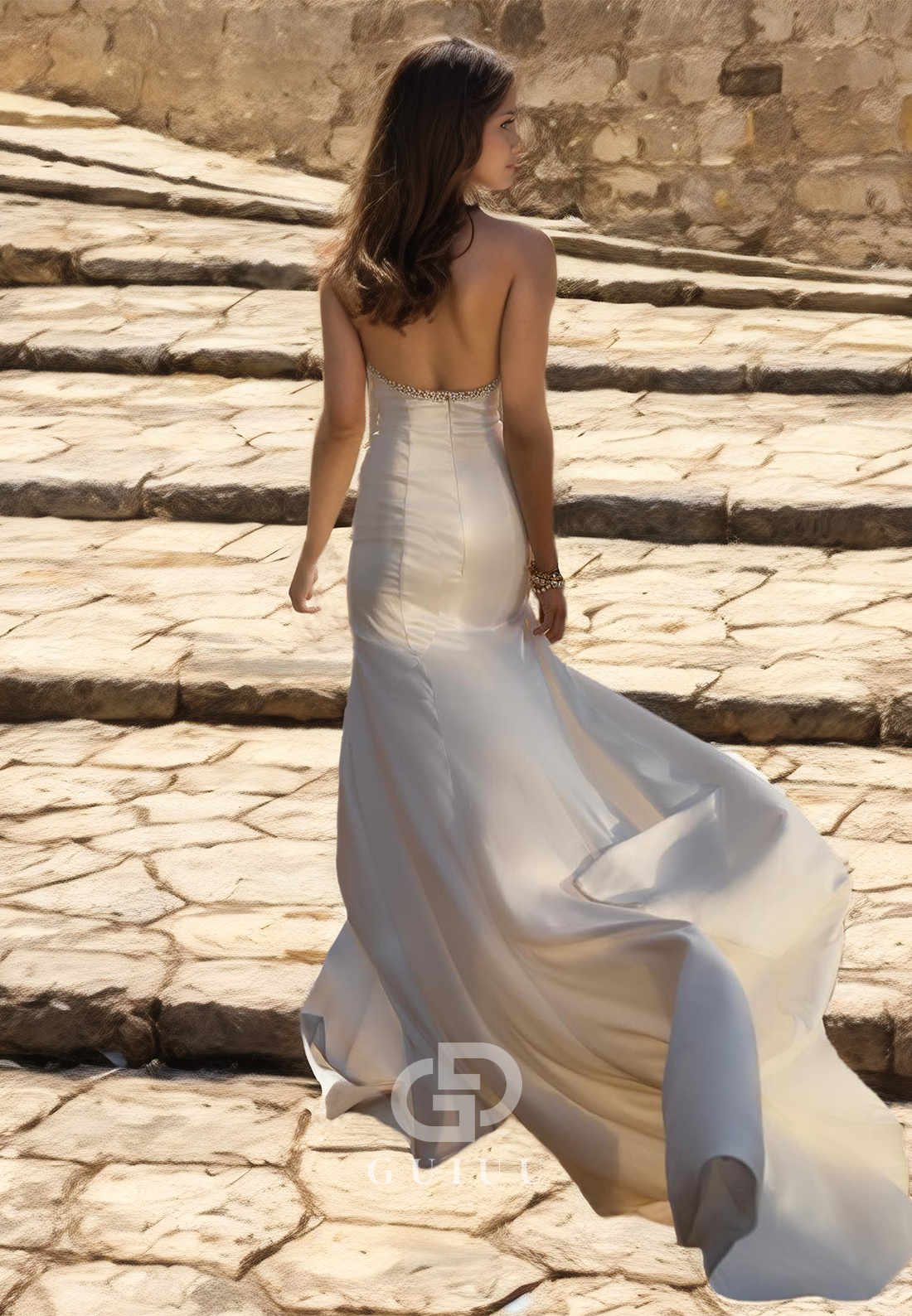 Unique Halter Pearls Ruched Satin Mermaid Boho Wedding Dress Backless