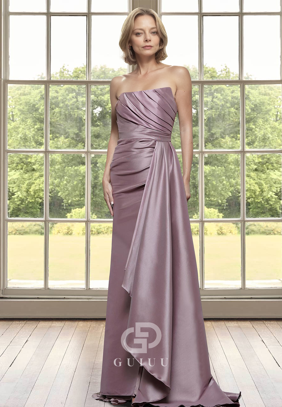 Chic A-Line Strapless Sleeveless Sweep Train Ruched Empire-Waist Mother of the Bride Dress