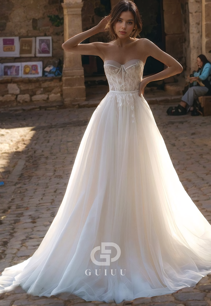 A-Line Strapless Sleeveless Appliques Back Zipper Appliques Tulle Wedding Dress with Train