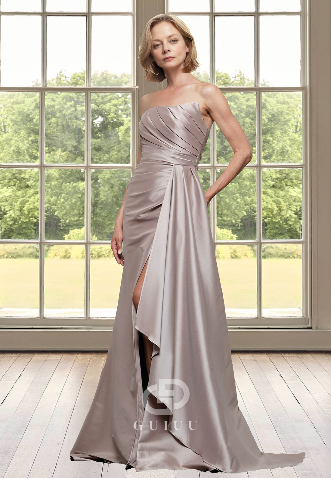 Chic A-Line Strapless Sleeveless Sweep Train Ruched Empire-Waist Mother of the Bride Dress