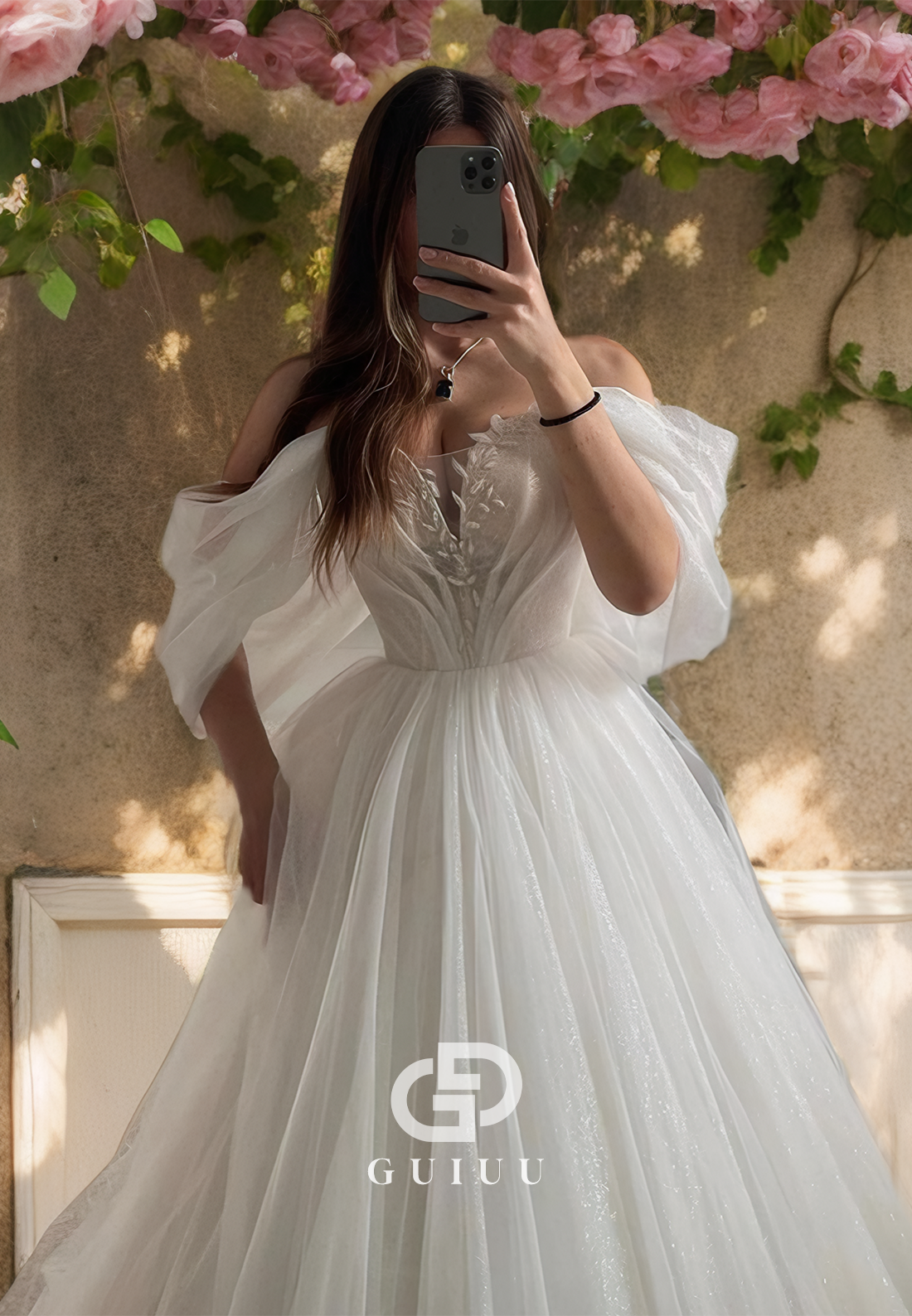 GW807 - Simple & Casual A-Line Off-Shoulder V-Neck Appliques Wedding Dress