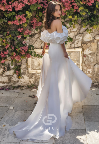 Sheath Off Shoulder Sleeveless Ruched Satin Wedding Dress with High Side Slit and Train