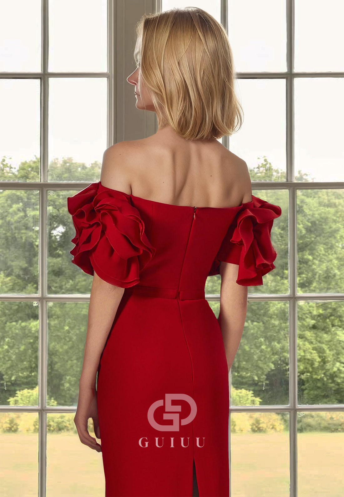 Red Sheath Off-Shoulder Short Sleeves Slit Satin Mother of the Bride Dress