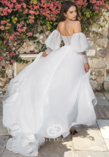 A-Line Strapless Detachable Long Lantern Sleeves Beaded Wedding Dress with High Side Slit and Train