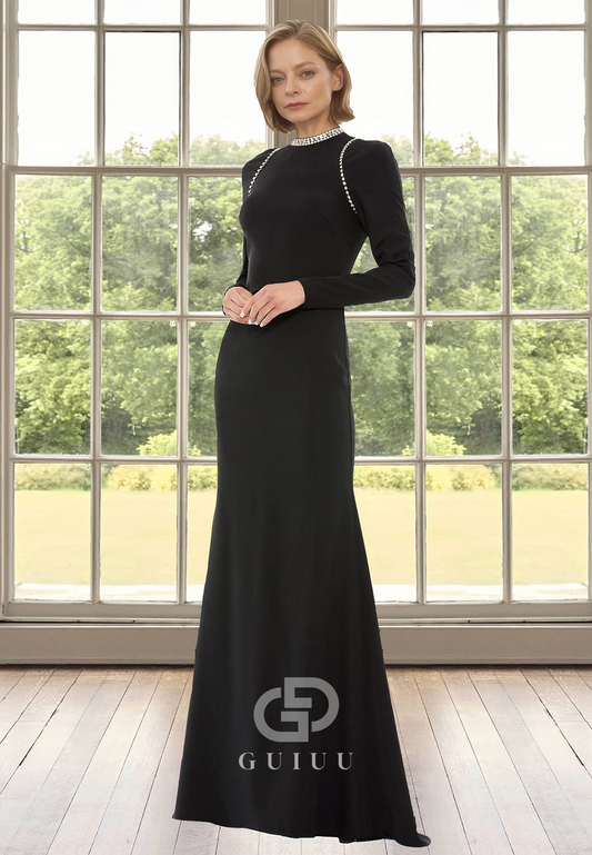 Black Scoop Long Sleeves Floor-Length Beads Satin Mother of the Bride Dress