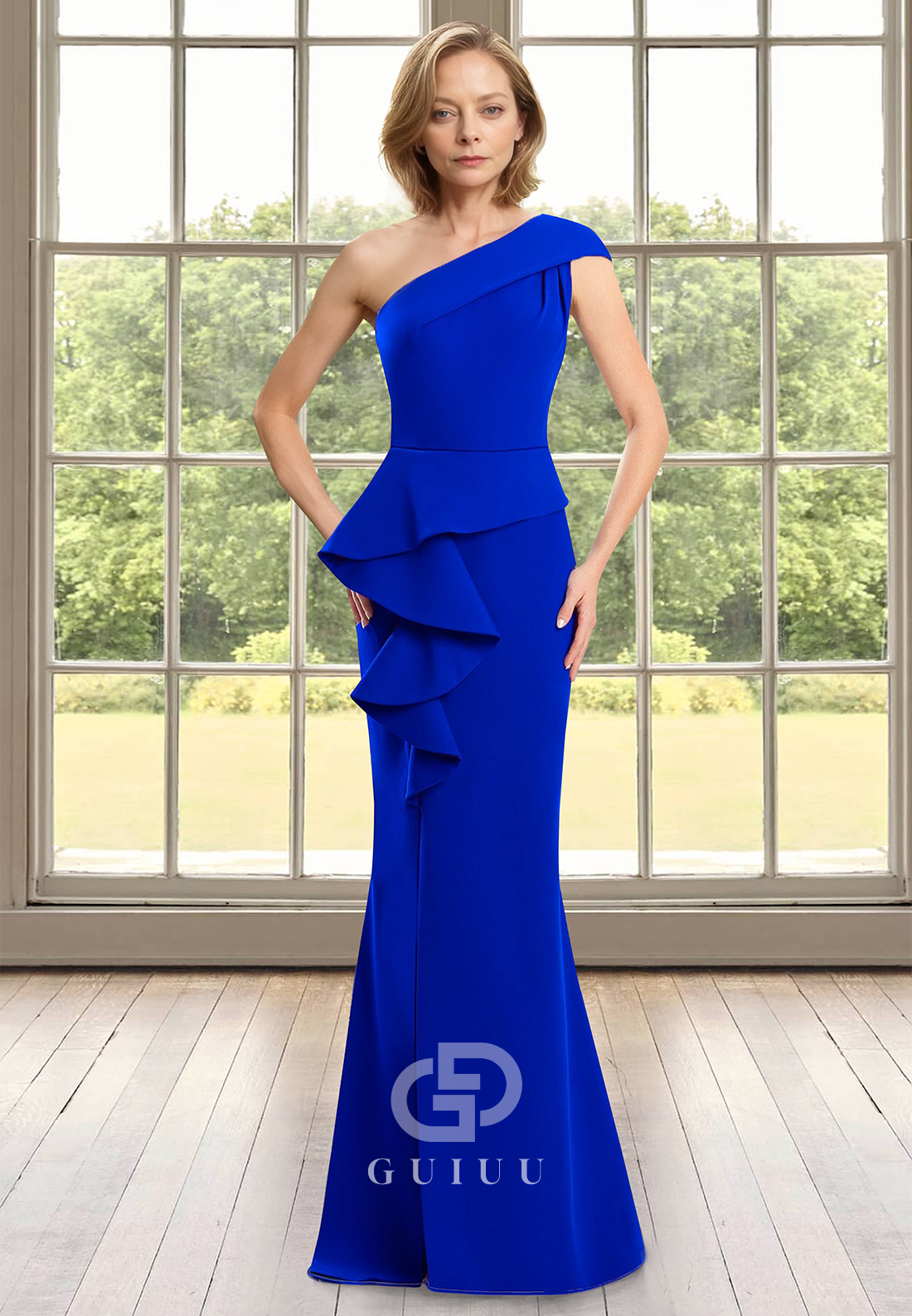 Sheath One Shoulder Sleeveless Empire-Waist Floor-Length Satin Mother of the Bride Dress