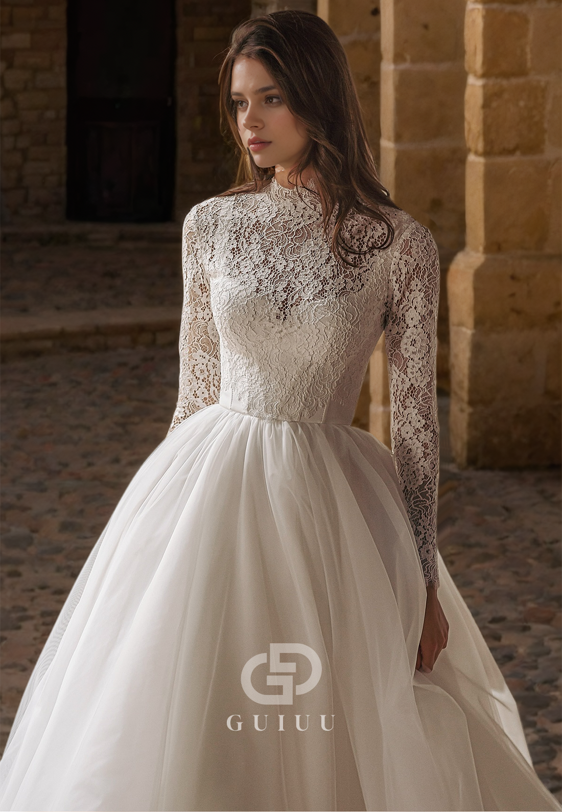 A Line High Neck Lace Long Sleeves Vintage Wedding Dress GUIUU A Line High Neck Lace Long Sleeves Vintage Wedding Dress GUIUU