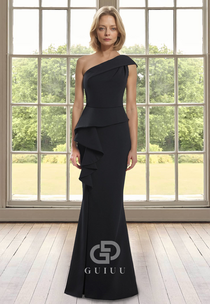 Sheath One Shoulder Sleeveless Empire-Waist Floor-Length Satin Mother of the Bride Dress