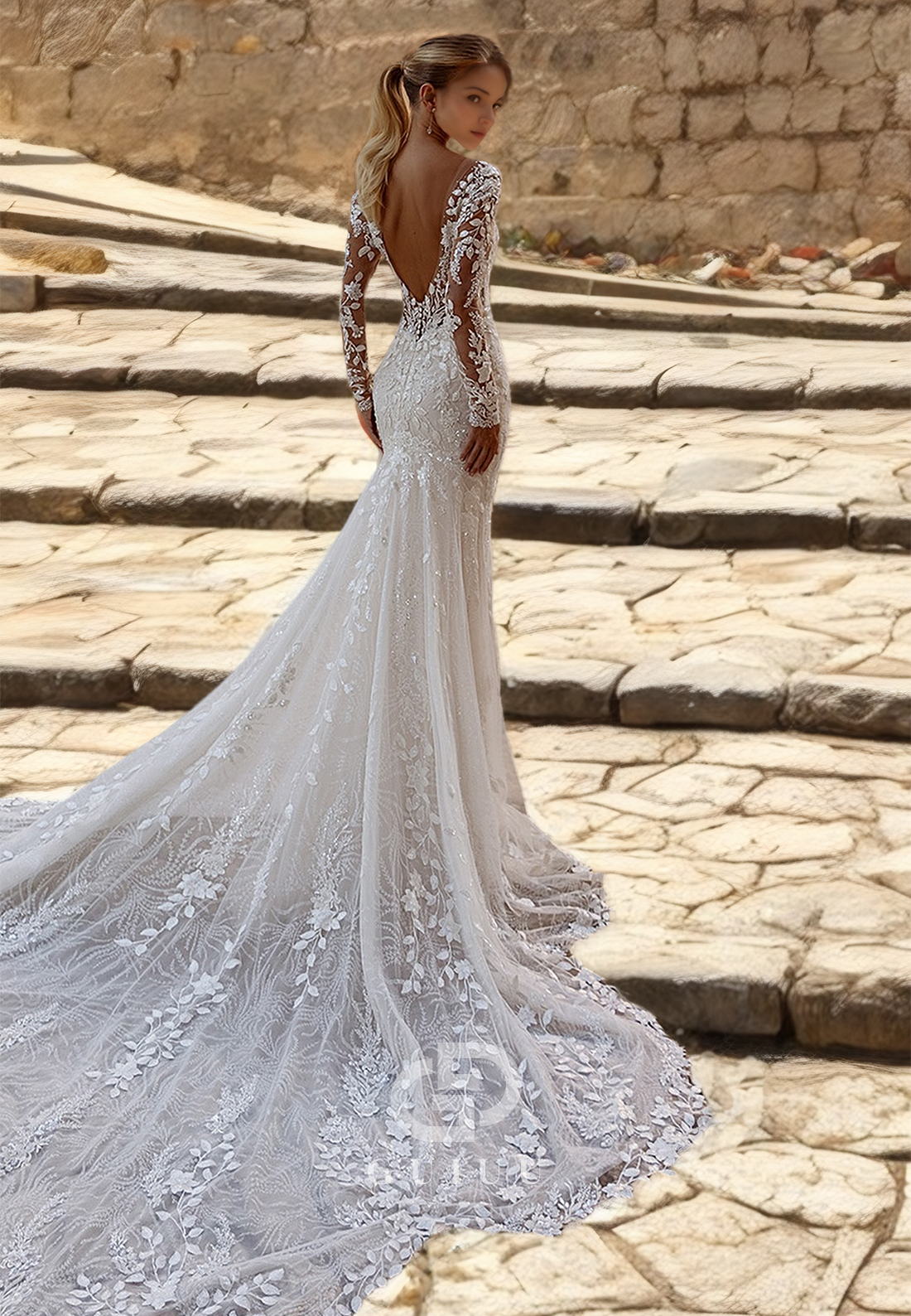 Illusion V Neck Long Sleeves Allover Lace Mermaid Wedding Dress with Train