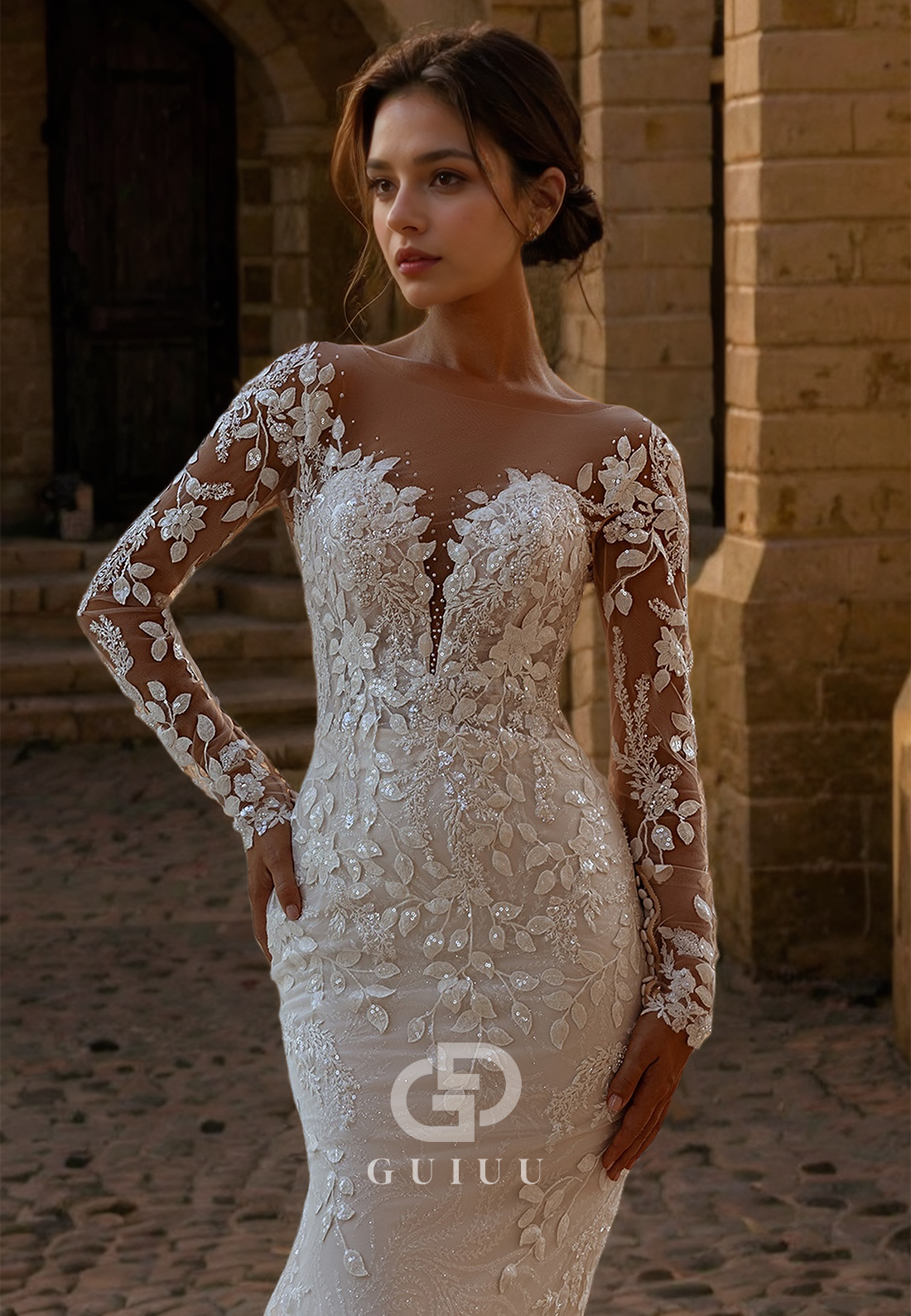 Illusion V Neck Long Sleeves Allover Lace Mermaid Wedding Dress with Train