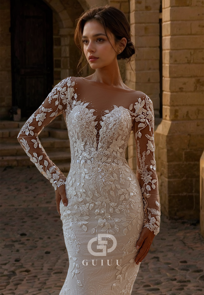 Illusion V Neck Long Sleeves Allover Lace Mermaid Wedding Dress with Train
