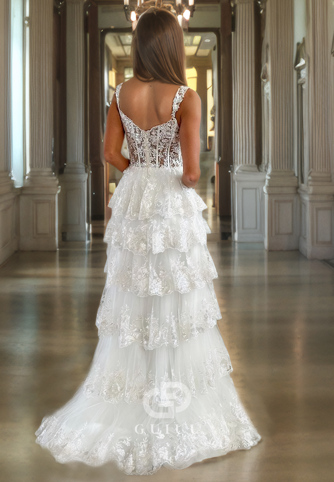 G2380 - A-Line Lace Straps Sheer Prom Evening Dress With Slit