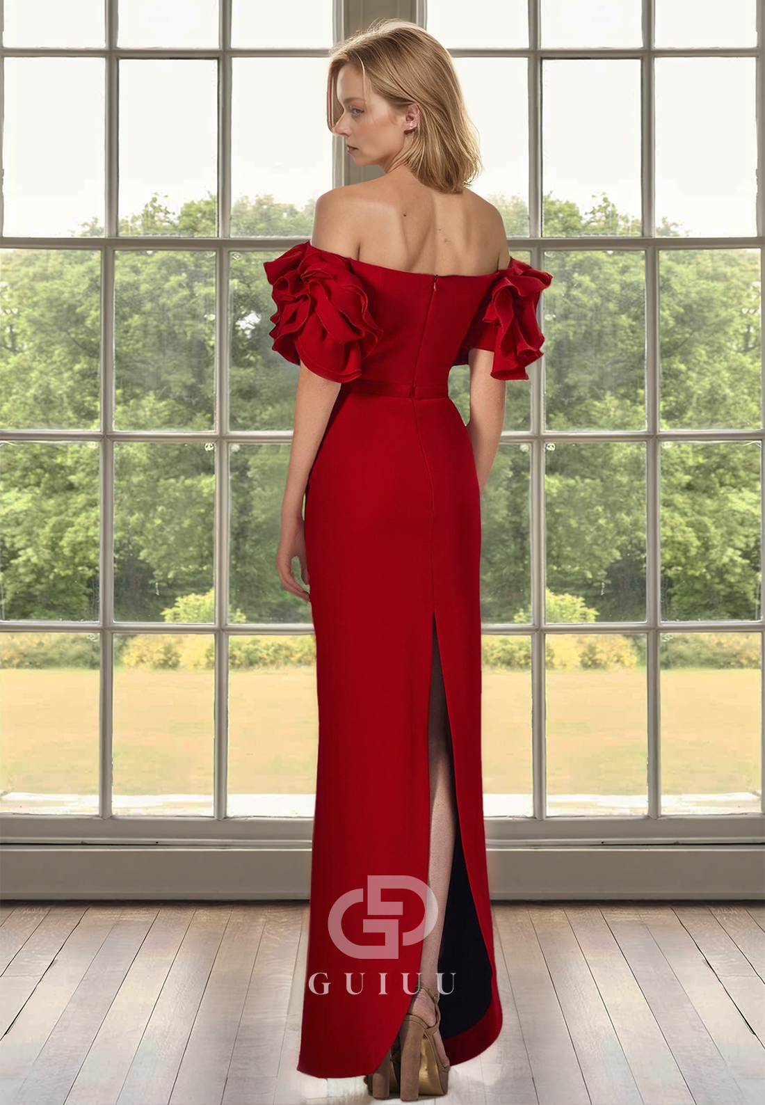 Red Sheath Off-Shoulder Short Sleeves Slit Satin Mother of the Bride Dress