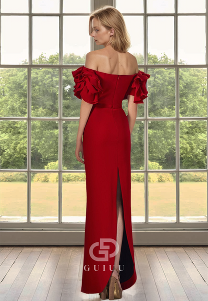 Red Sheath Off-Shoulder Short Sleeves Slit Satin Mother of the Bride Dress