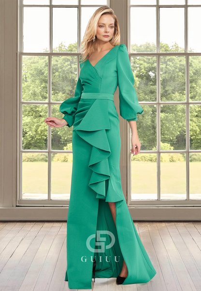 Simple Long Sleeves V-Neck Ruched Slit Empire-Waist Floor-Length Satin Wedding Dress