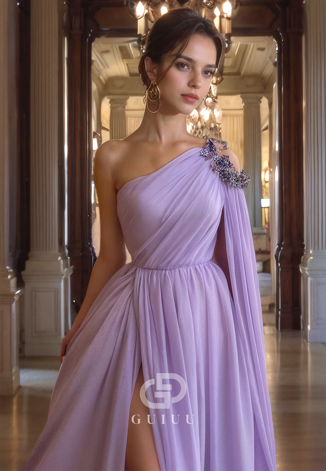 G3045 - Elegant & Luxurious Tulle One Shoulder Beaded Cap Sleeve Formal Prom Dress With Slit