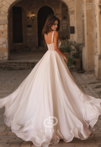 GW612 - Chic & Modern A-Line Sweetheart Straps Beaded Illusion Corset Tulle Long Wedding Dress