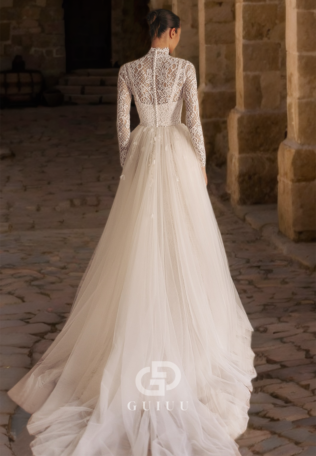 A Line High Neck Lace Long Sleeves Vintage Wedding Dress