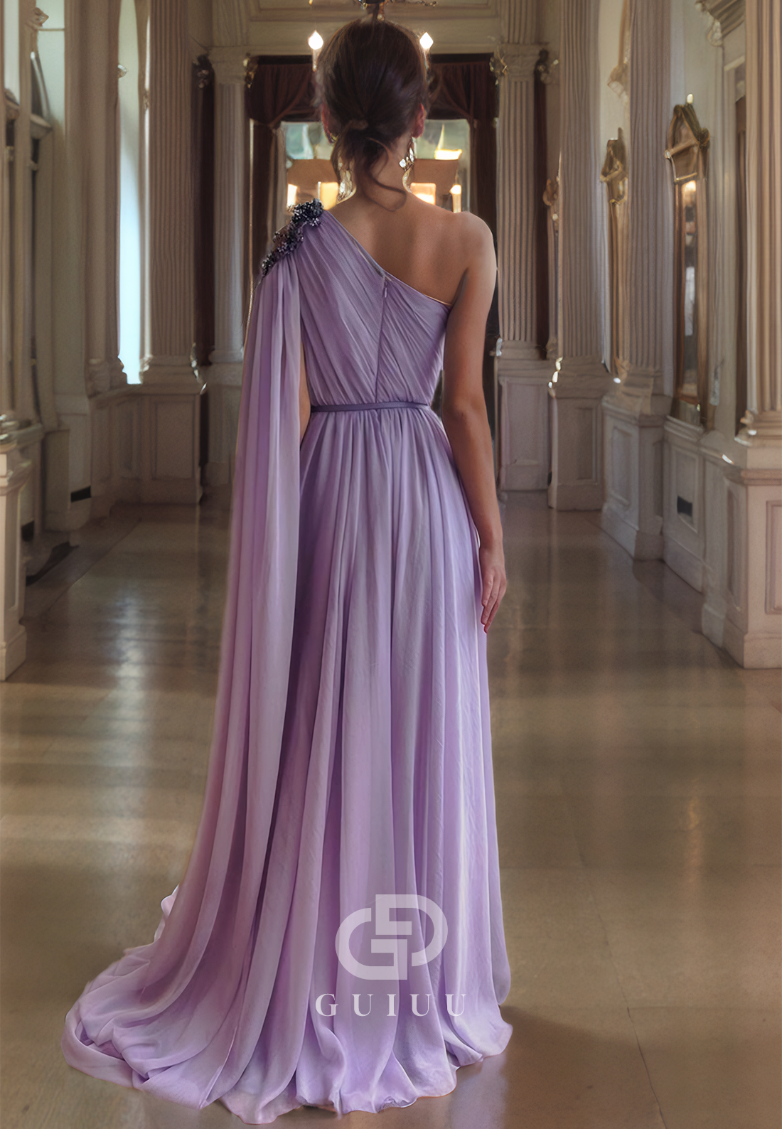 G3045 - Elegant & Luxurious Tulle One Shoulder Beaded Cap Sleeve Formal Prom Dress With Slit