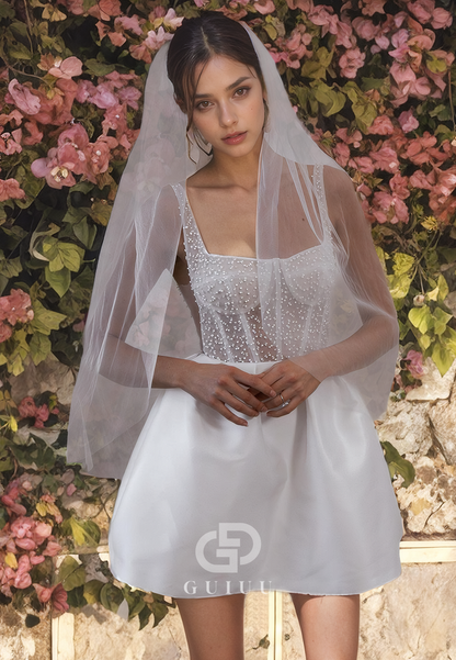 A-Line Square Neck Straps Sleeveless Beaded Mini Wedding Dress with Veil