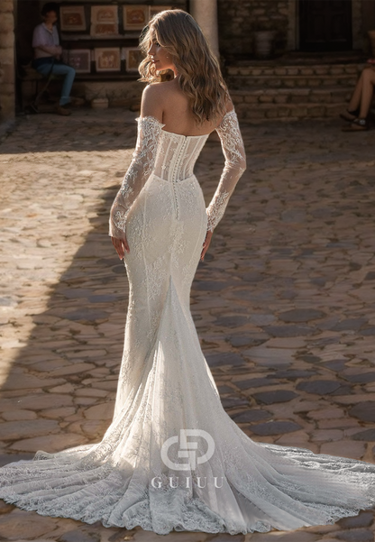 Strapless Long Sleeves Allover Lace Mermaid Wedding Dress with Train