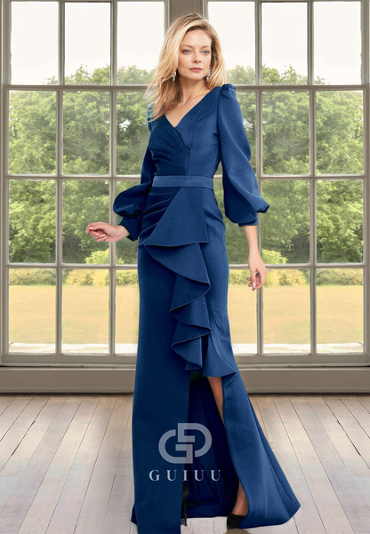 Simple Long Sleeves V-Neck Ruched Slit Empire-Waist Floor-Length Satin Wedding Dress