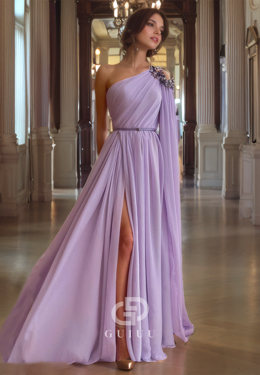 G3045 - Elegant & Luxurious Tulle One Shoulder Beaded Cap Sleeve Formal Prom Dress With Slit