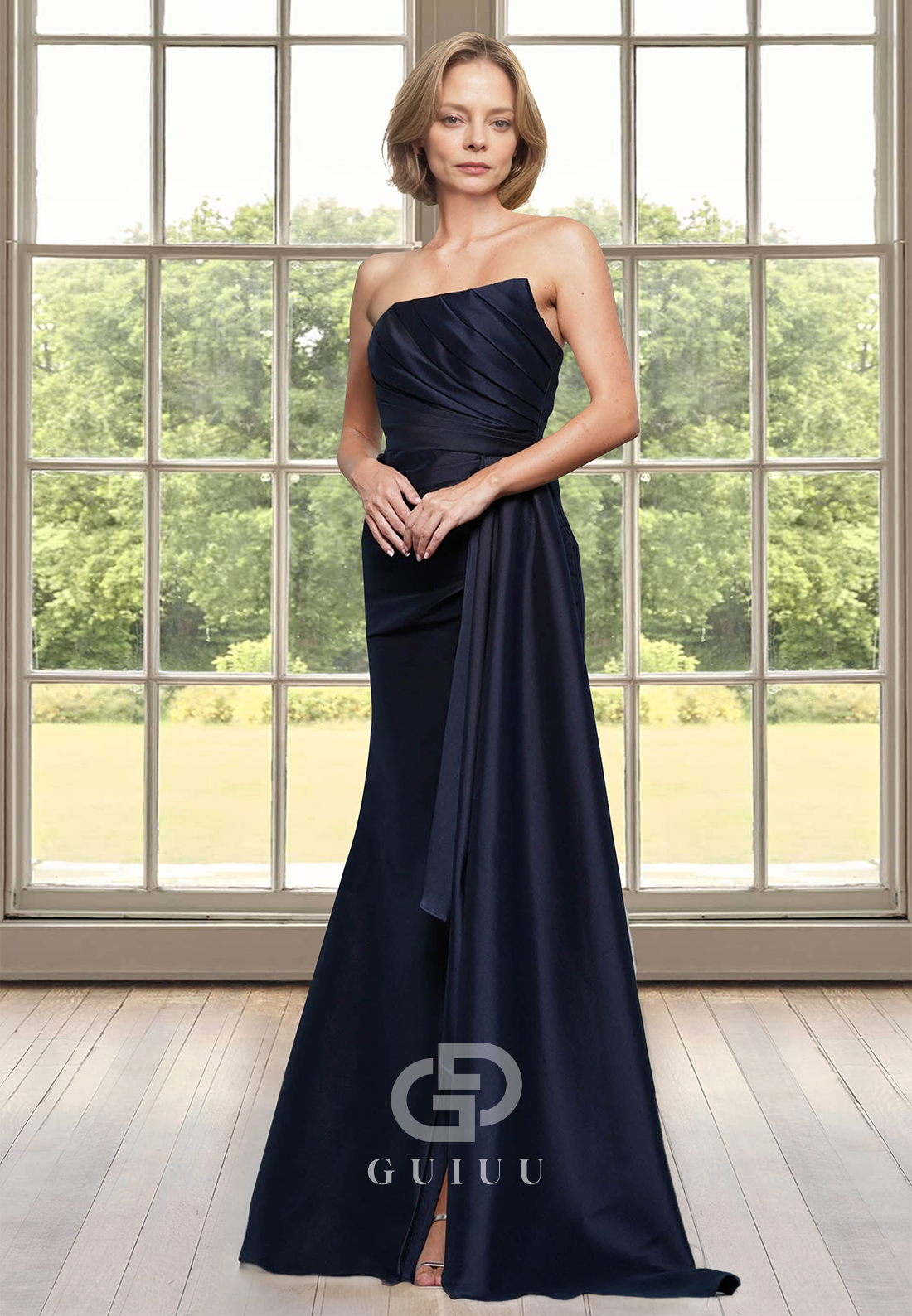 Chic A-Line Strapless Sleeveless Sweep Train Ruched Empire-Waist Mother of the Bride Dress