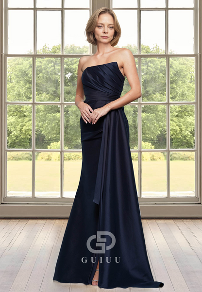 Chic A-Line Strapless Sleeveless Sweep Train Ruched Empire-Waist Mother of the Bride Dress
