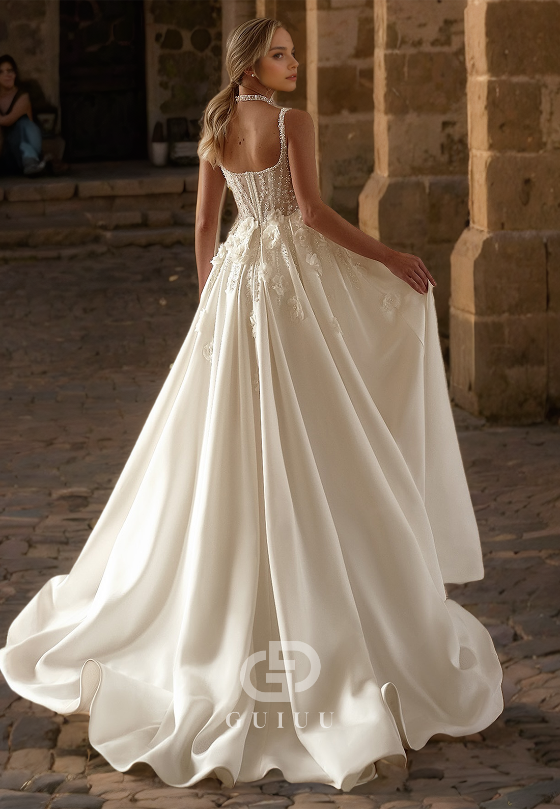 A Line Sweetheart Pearls Side Slit Vintage Wedding Dress