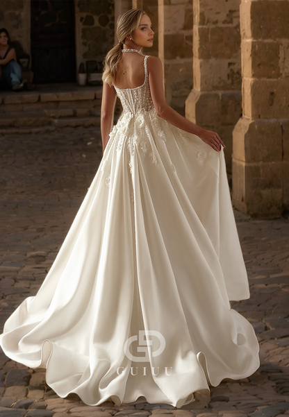 A Line Sweetheart Pearls Side Slit Vintage Wedding Dress