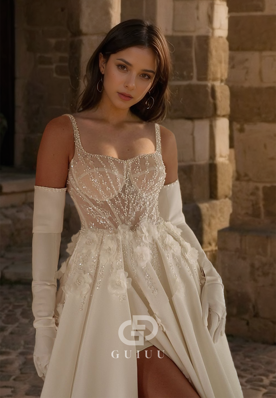 A Line Sweetheart Pearls Side Slit Vintage Wedding Dress