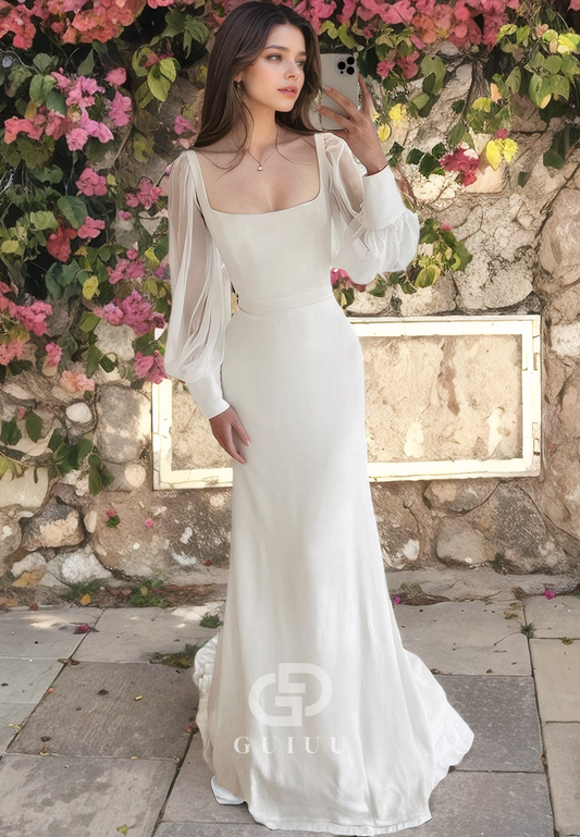 Sheath Square Neck Long Sleeves Long Wedding Dress with Train