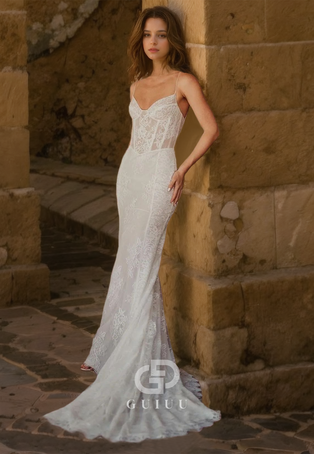 Spaghetti Straps Alover Lace Romantic Wedding Dress Beach Wedding Gown