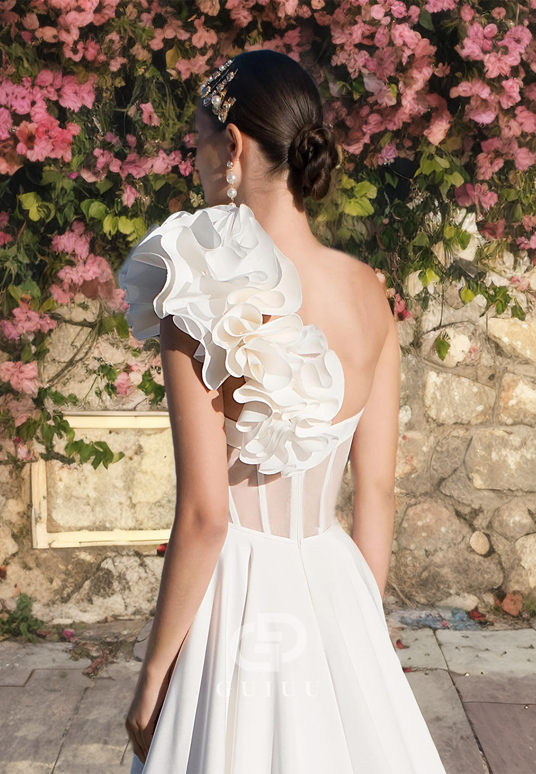 GW631 - Chic & Modern A-line One Shoulder V-neck Draped Boho Wedding Dress