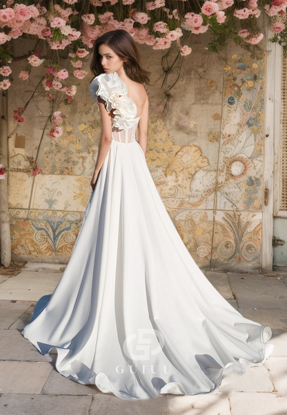 GW631 - Chic & Modern A-line One Shoulder V-neck Draped Boho Wedding Dress