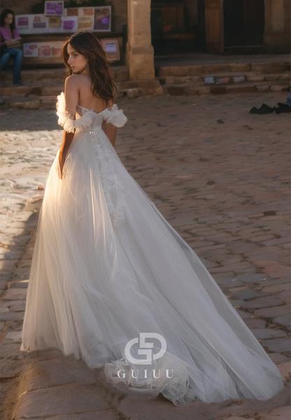 GW637 - Chic & Modern A-ling Off Shoulder Tulle Illusion Draped Long Wedding Dress with Sweep Train