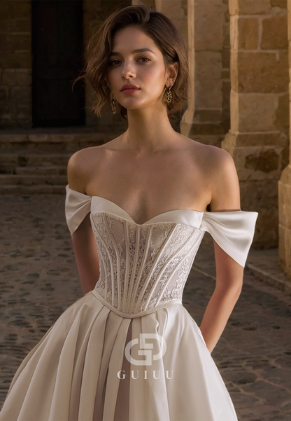 A Line Off Shoulder Lace Appliques Satin Rustic Wedding Dress with Pockets