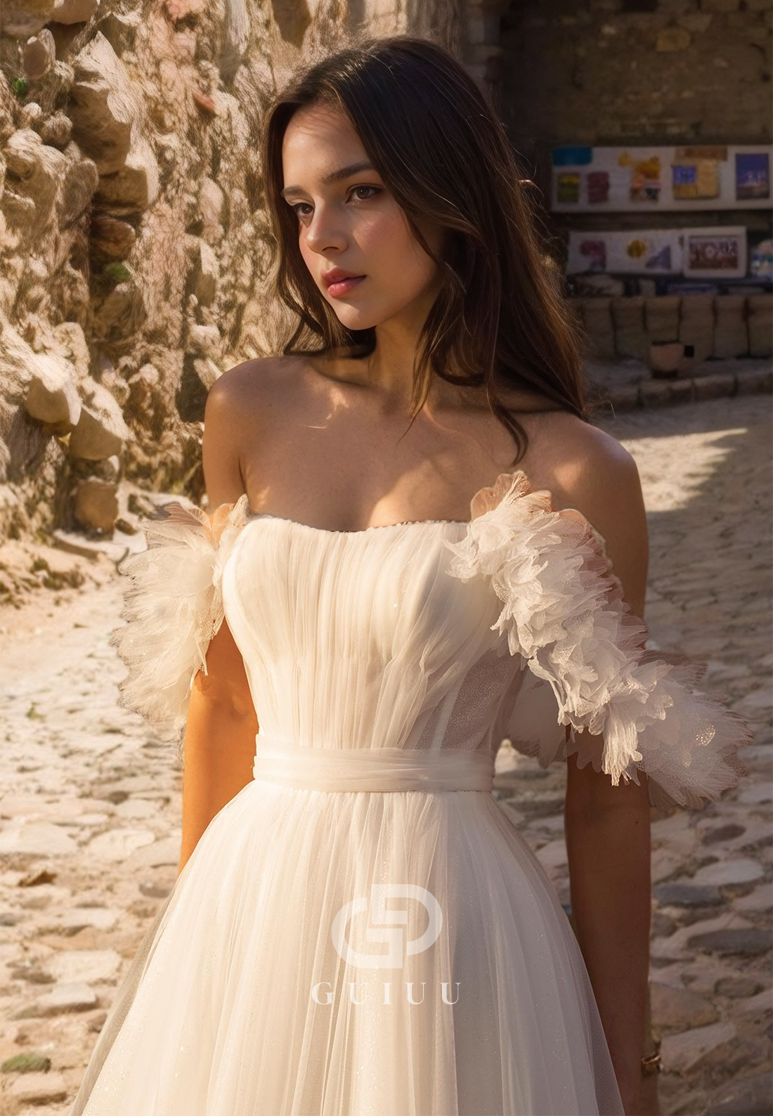 GW637 - Chic & Modern A-ling Off Shoulder Tulle Illusion Draped Long Wedding Dress with Sweep Train