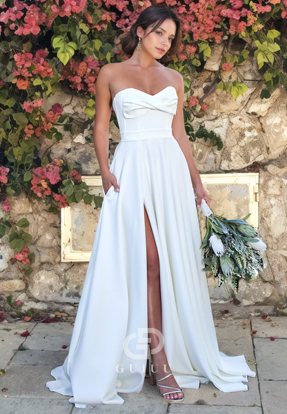 A-Line Strapless Sleeveless Pleated Long Wedding Dress with High Side Slit and Train