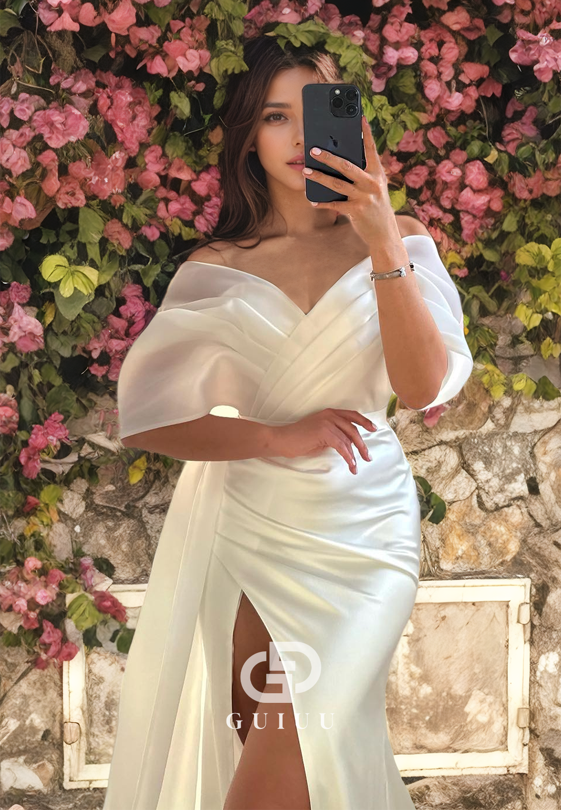 GW816 - Sexy & Hot Off-Shoulder Ruched Stain  Wedding Dress with High Side Slit and Court Train