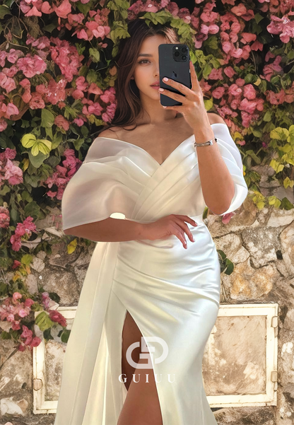 GW816 - Sexy & Hot Off-Shoulder Ruched Stain  Wedding Dress with High Side Slit and Court Train