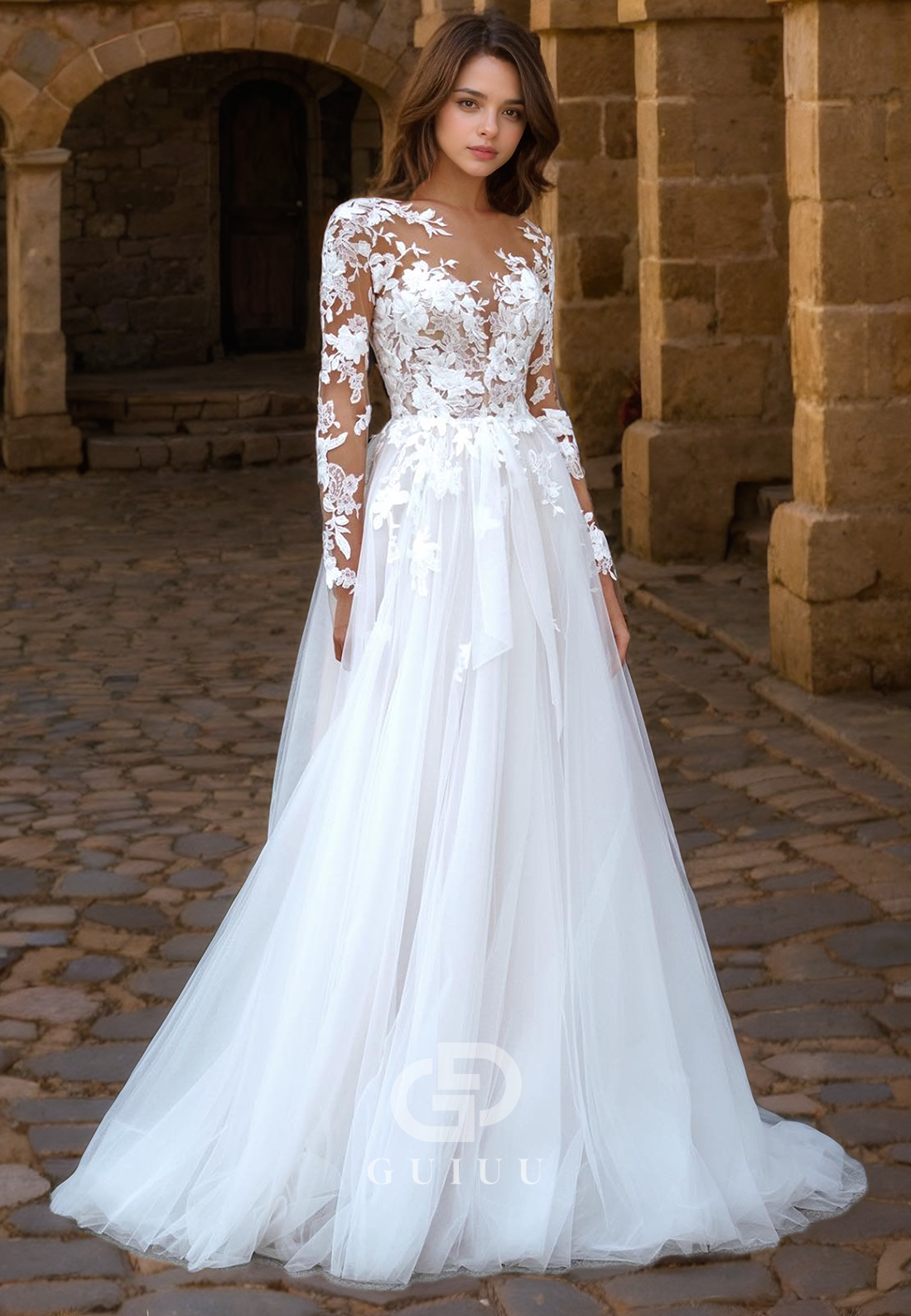 long sleeve boho wedding dress uk A-Line V Neck Sleeves Lace Appliques Tulle – GUIUU Style:847NV - F2B category:DRESSES:SUMMER-DRESSES Margot | Burgundy High-Neck Boho style