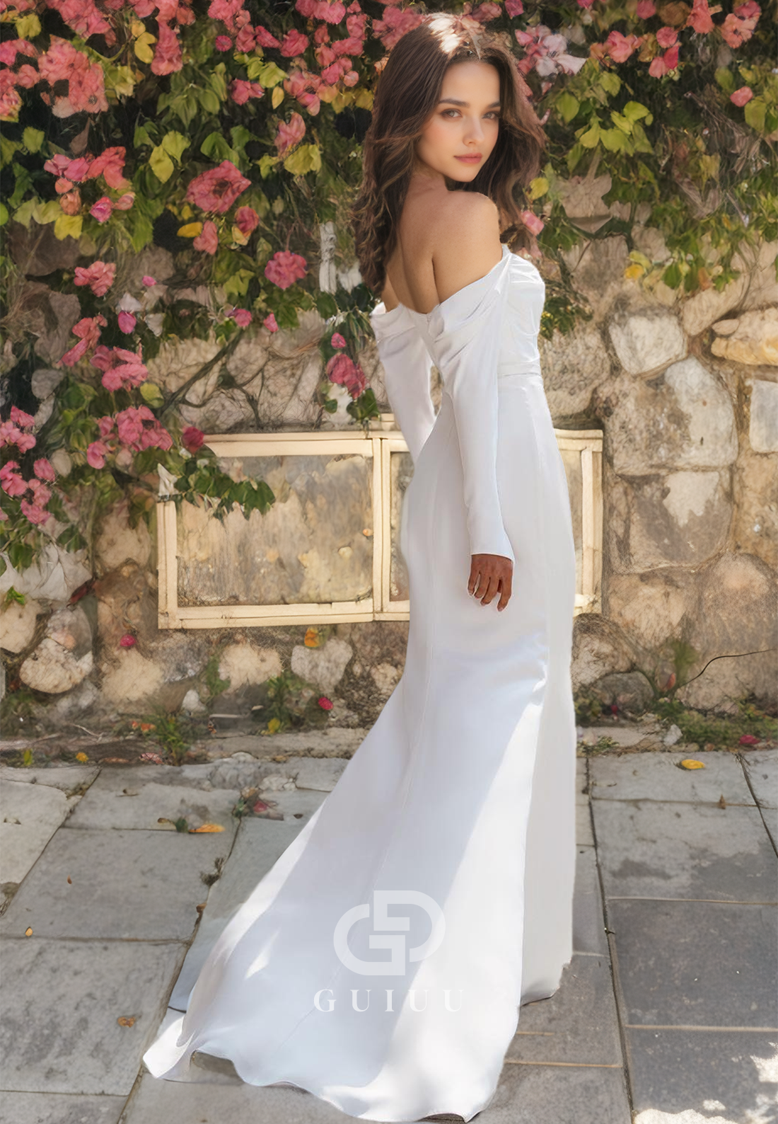 GW628 - Sexy & Hot Sheath Off Shoulder Long SleevesDraped Wedding Dress with Overlay