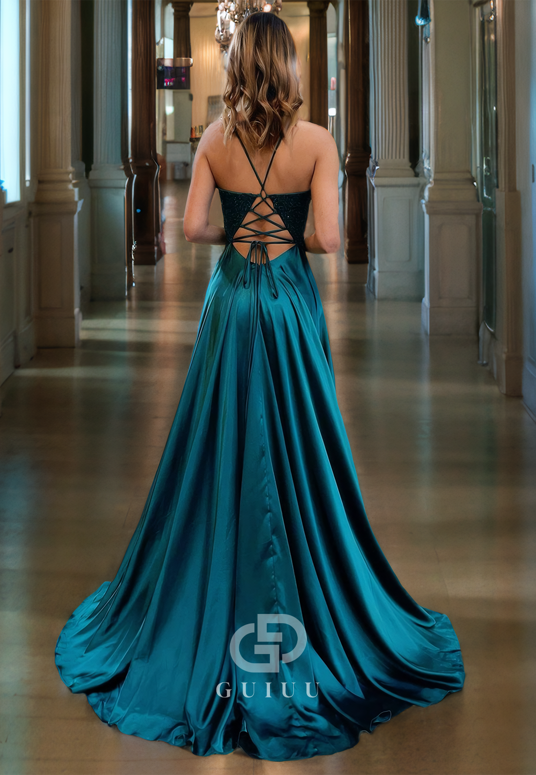 A-Line V Neck Straps Sleeveless Appliques Long Prom Dress with High Side Slit and Train