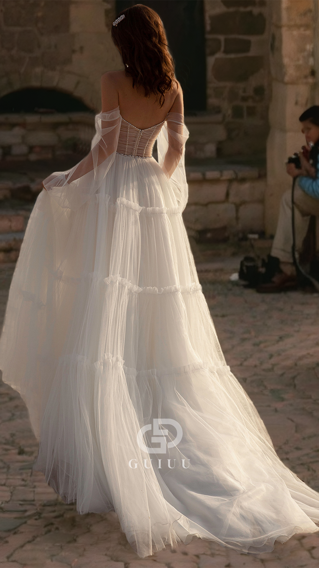 GW902 -  A-Line Off-Shoulder Pleats Back Zipper Tulle Boho Beach Wedding Dress