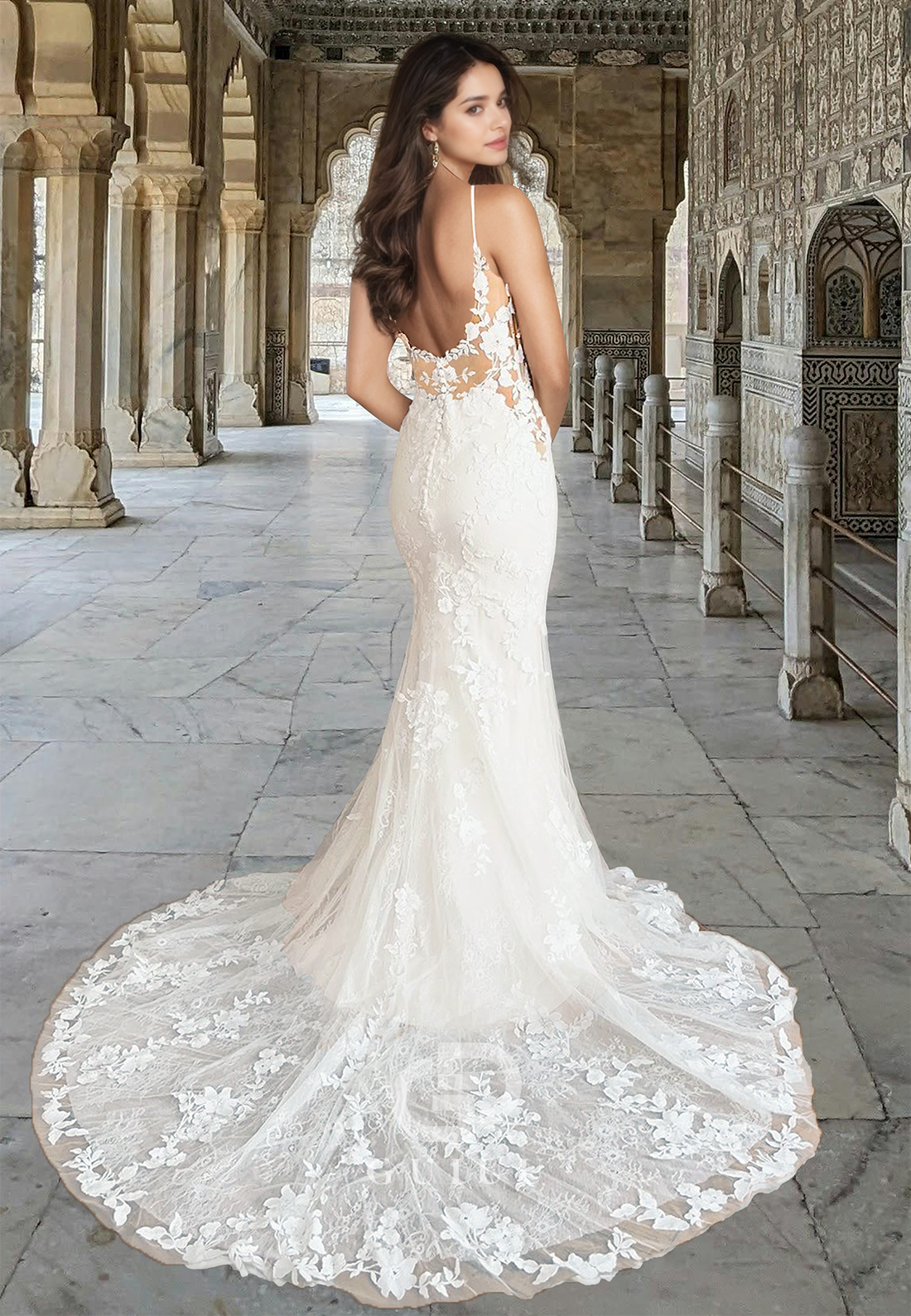 Mermaid Spaghetti Straps V-Neck Corset Tulle Floral Appliques Lace Wedding Dress