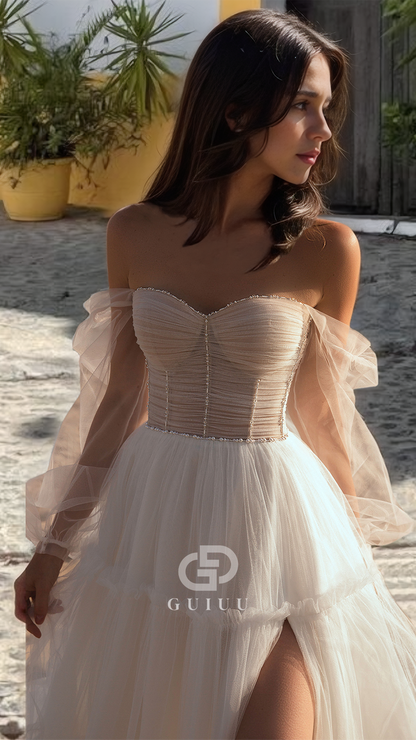 GW902 -  A-Line Off-Shoulder Pleats Back Zipper Tulle Boho Beach Wedding Dress