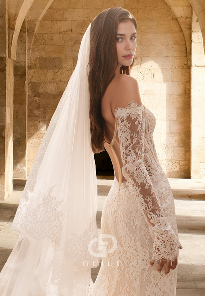 Charming Off-Shoulder Long Sleeves Lace Appliques Mermaid Wedding Dress